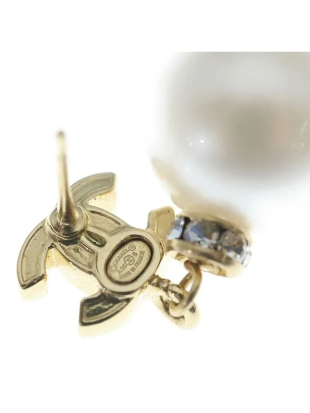 Chanel CC Logo Rhinestone Faux Pearl Earrings White Gold White